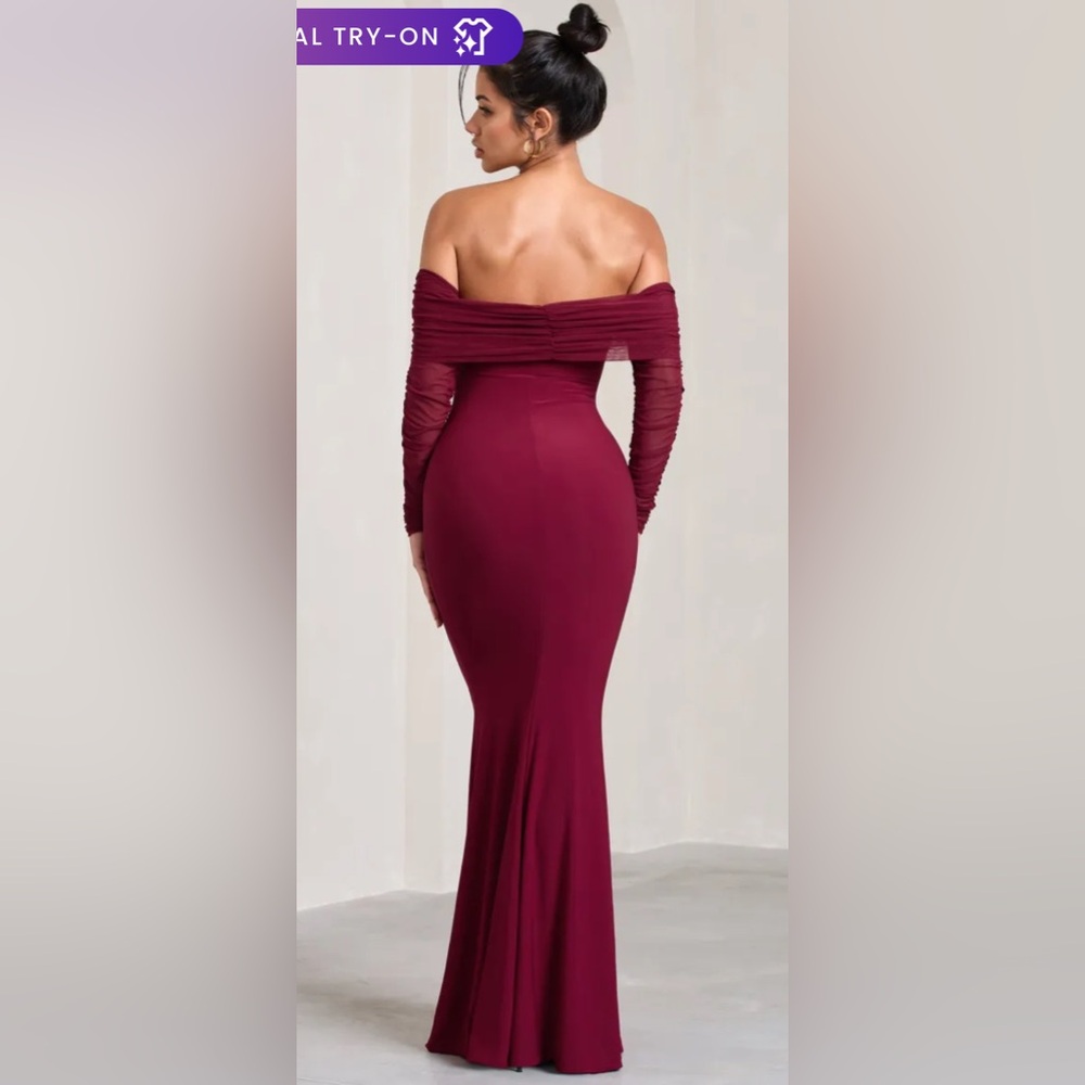 Club L London Off-Shoulder Long Sleeve Maxi Dress in Burgundy - Picture 2 of 8